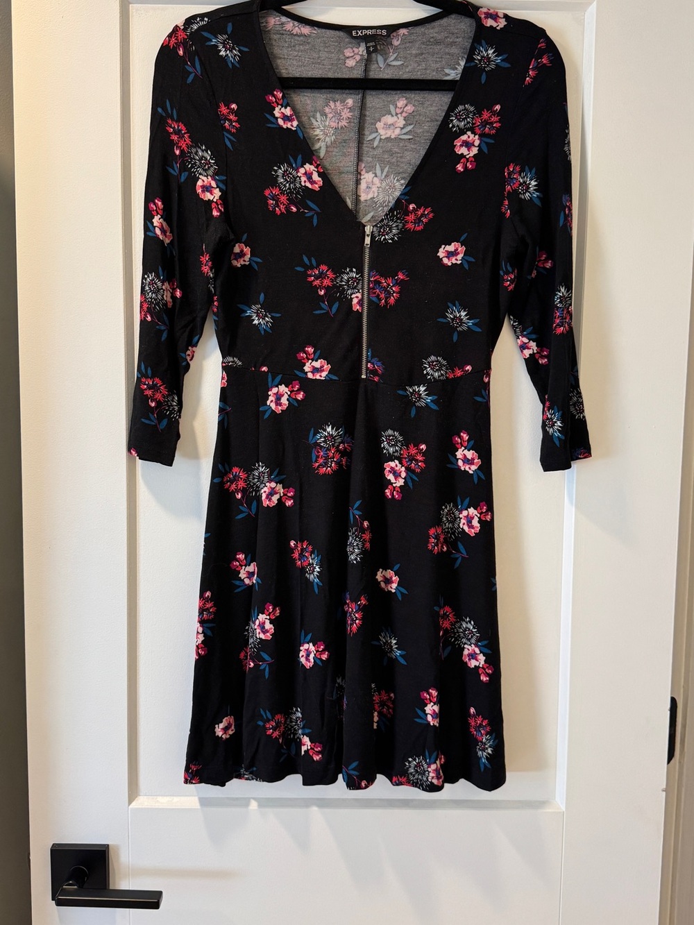 Express Black Floral Zip-Front Fit-and-Flare Dress